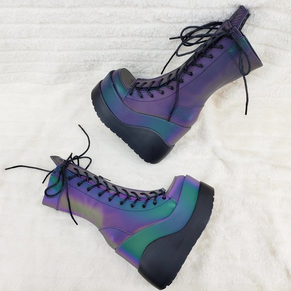 Void Purple Green Reflective Platform Wedge Mid Calf Goth Festival Boots NEW - Picture 6 of 17